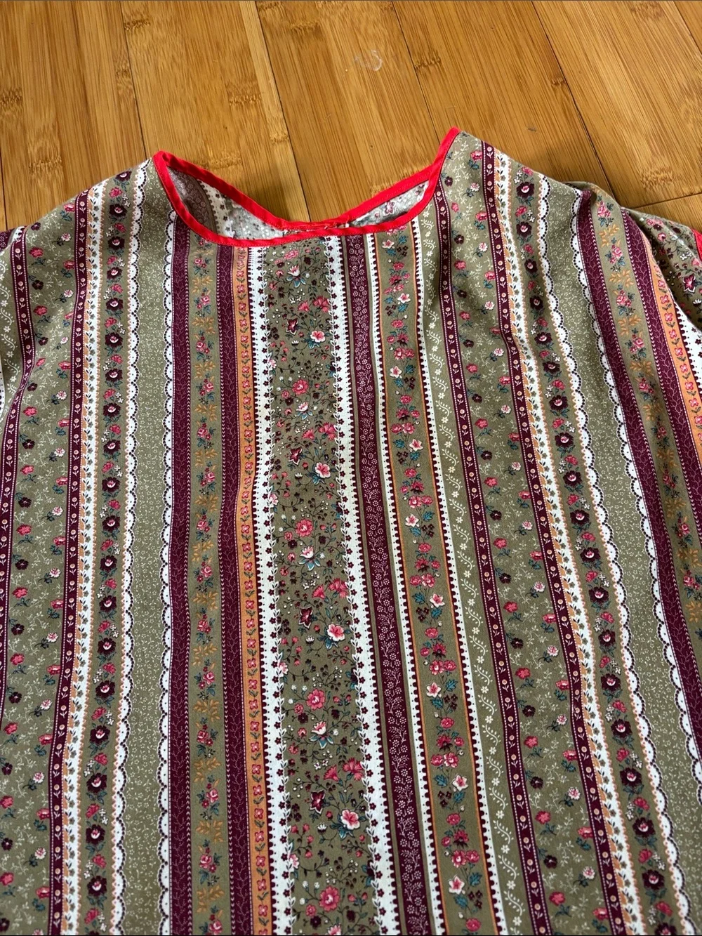 Olive Green Floral Stripe Kitchen Apron with Red Trim